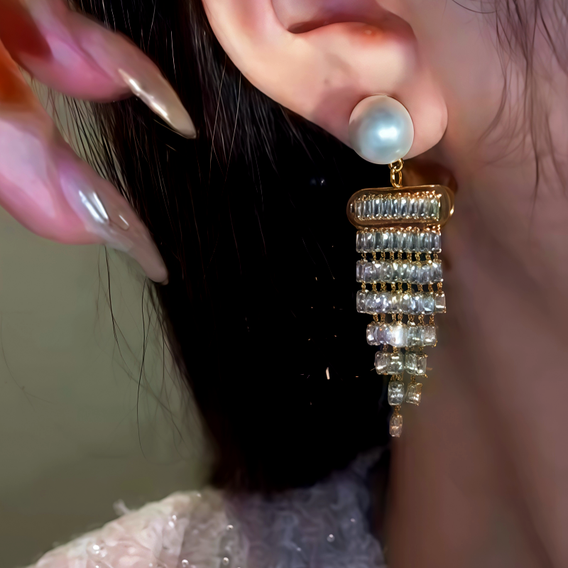 14K Gold-Plated Diamond Pearl Tassel Earrings