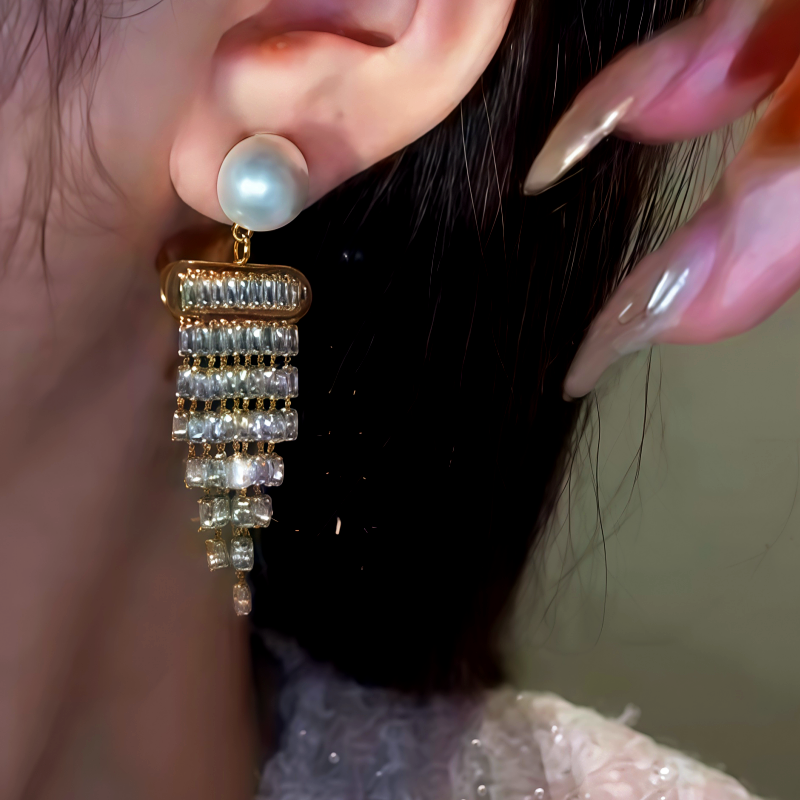 14K Gold-Plated Diamond Pearl Tassel Earrings