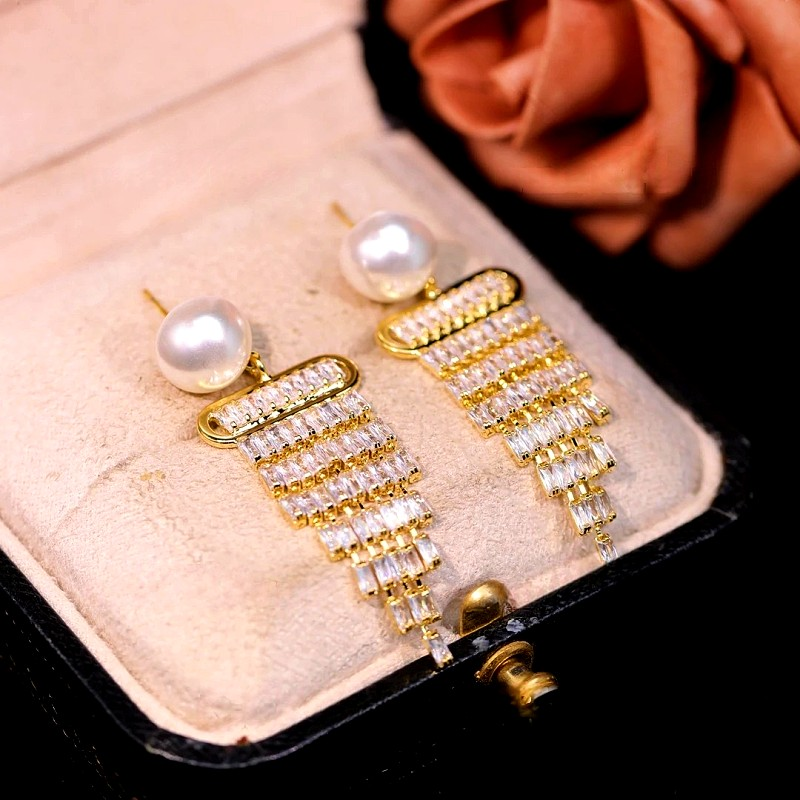 14K Gold-Plated Diamond Pearl Tassel Earrings