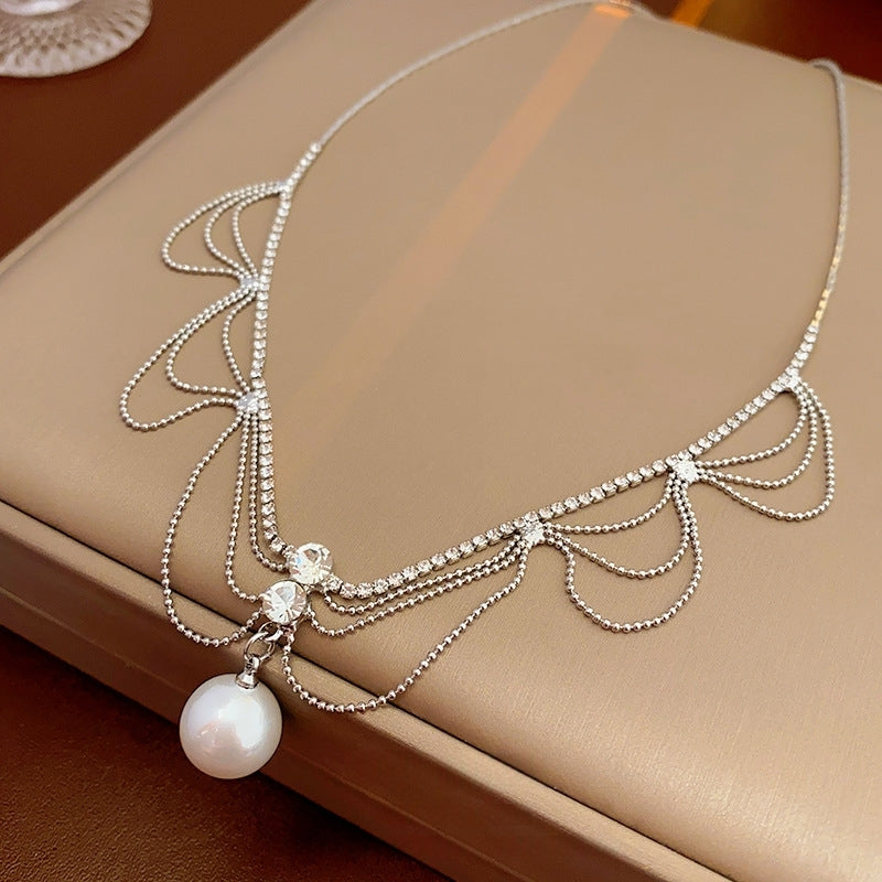 14K Gold-Plated Diamond Pearl Tassel Hollow Necklace