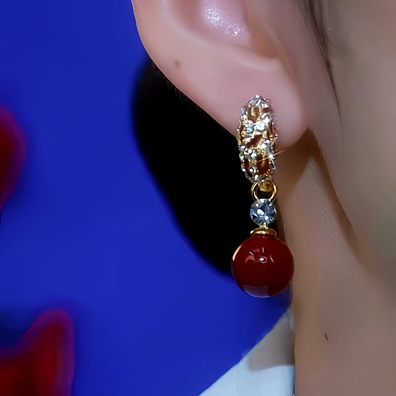 14K Gold-Plated Diamond Red Pearl Earrings