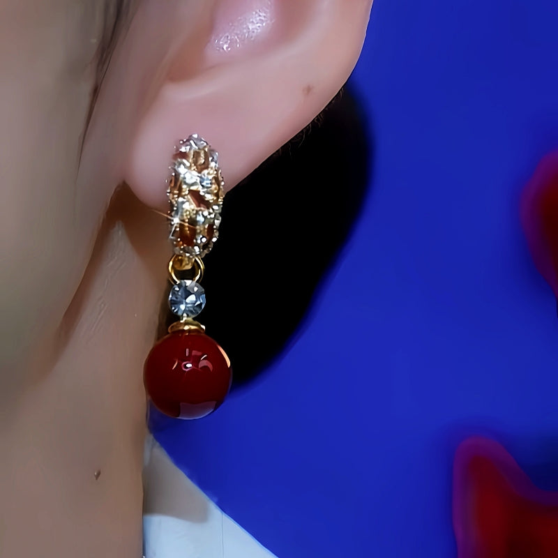 14K Gold-Plated Diamond Red Pearl Earrings