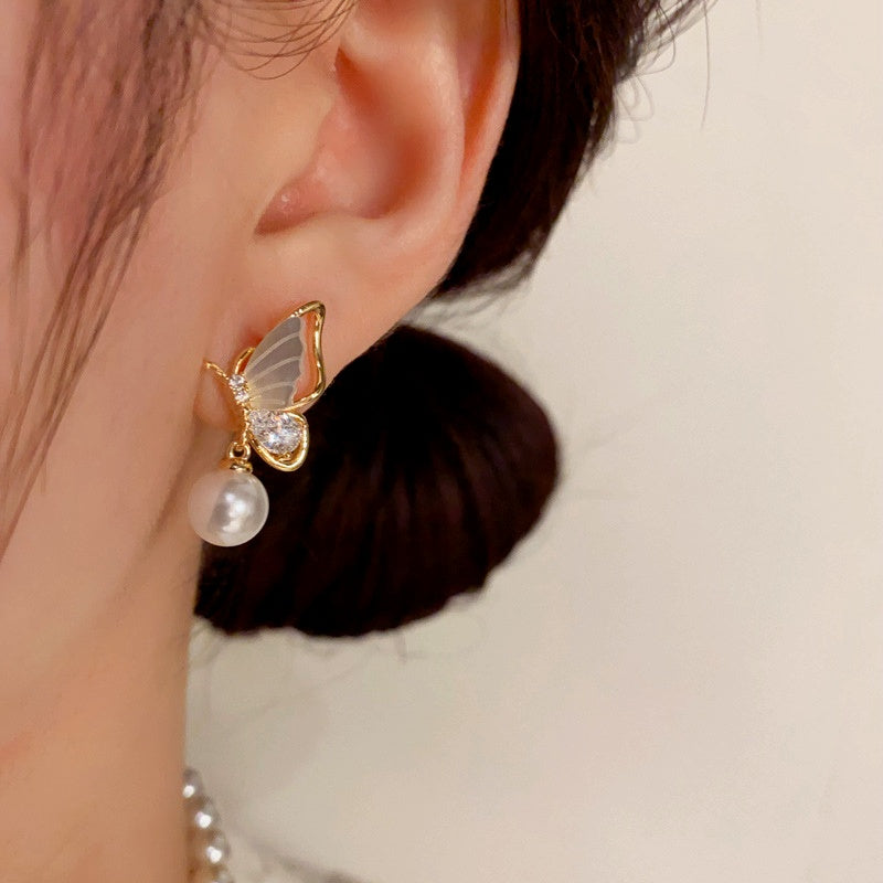 14K Gold-Plated Diamond Shell Butterfly Pearl Earrings