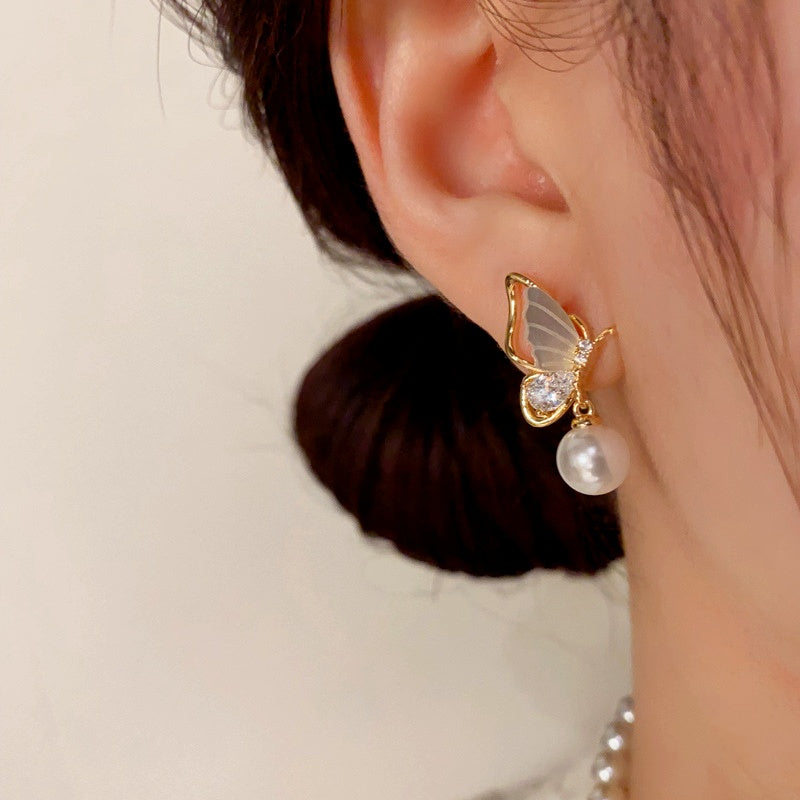 14K Gold-Plated Diamond Shell Butterfly Pearl Earrings