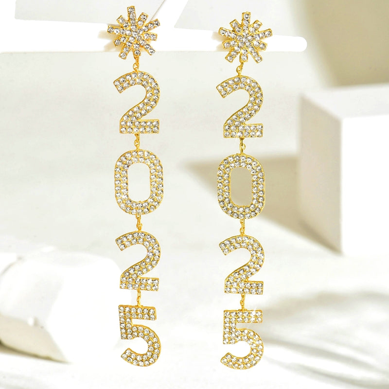 14K Gold-Plated Diamond Snowflake 2025 Digital Earrings