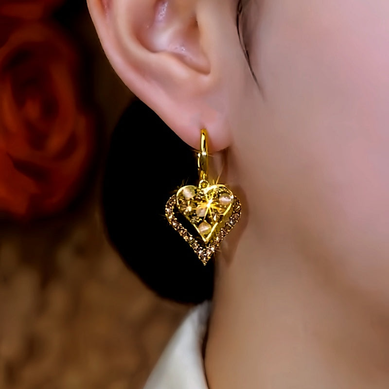14K Gold-Plated Double-Layer Cat's Eye Stone Brown Diamond Heart Earrings
