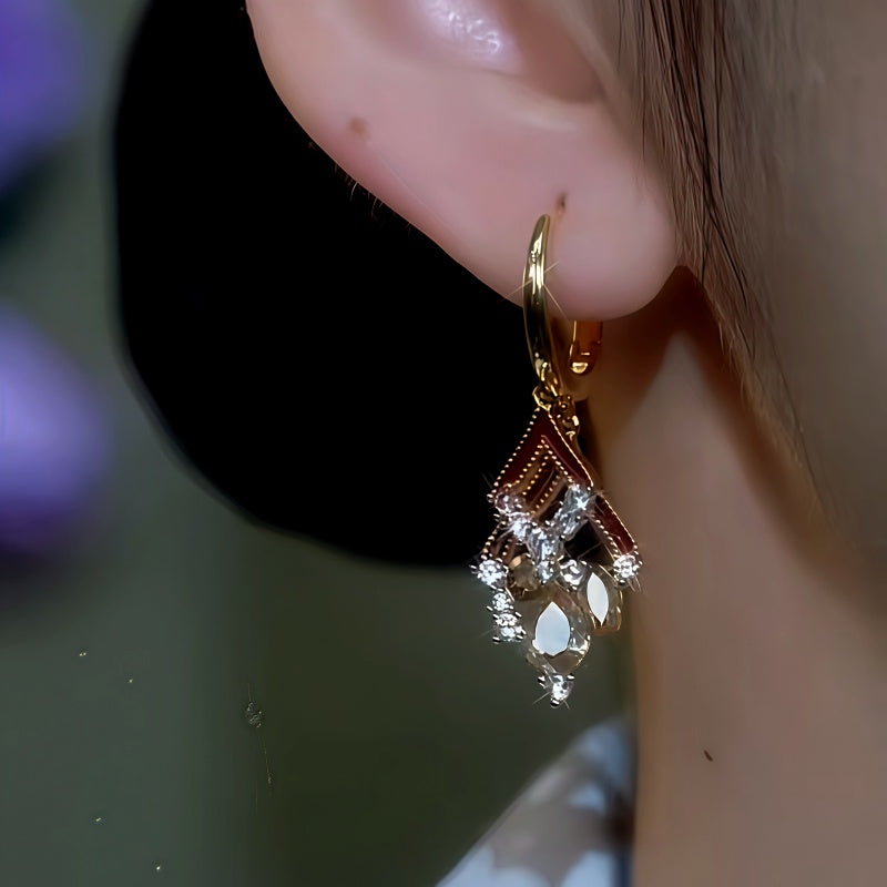 14K Gold-Plated Double-Layer Oil Drop Diamond And Crystal Tassel Earrings