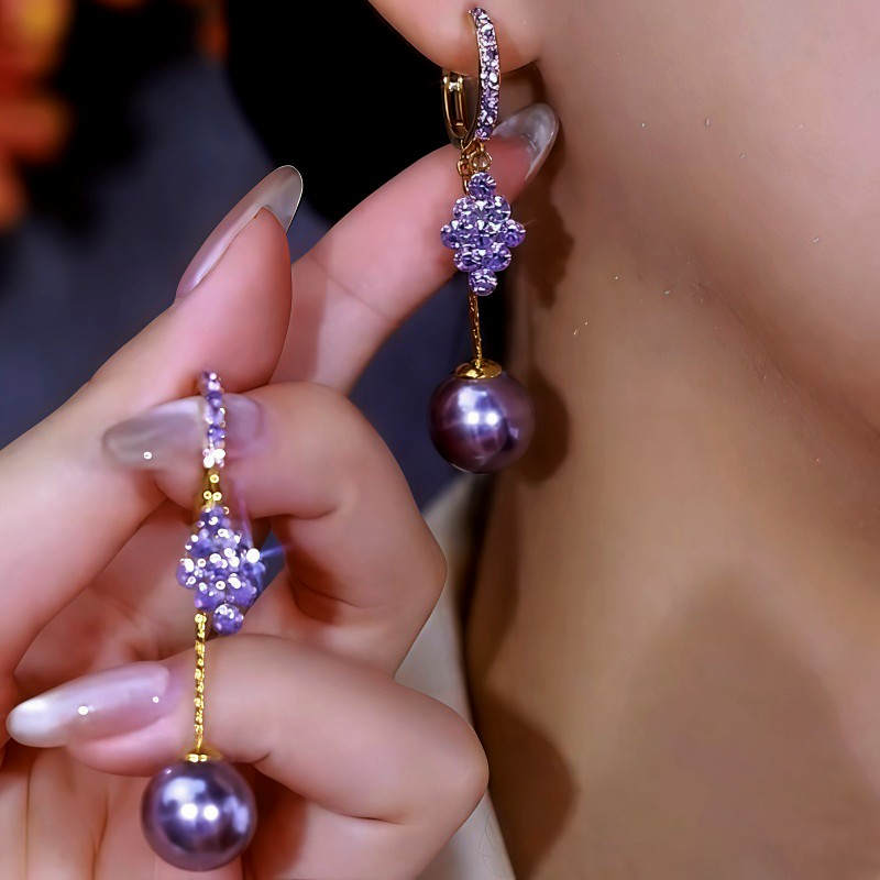 14K Gold-Plated Double-Layer Purple Zircon Diamond Pearl Earrings