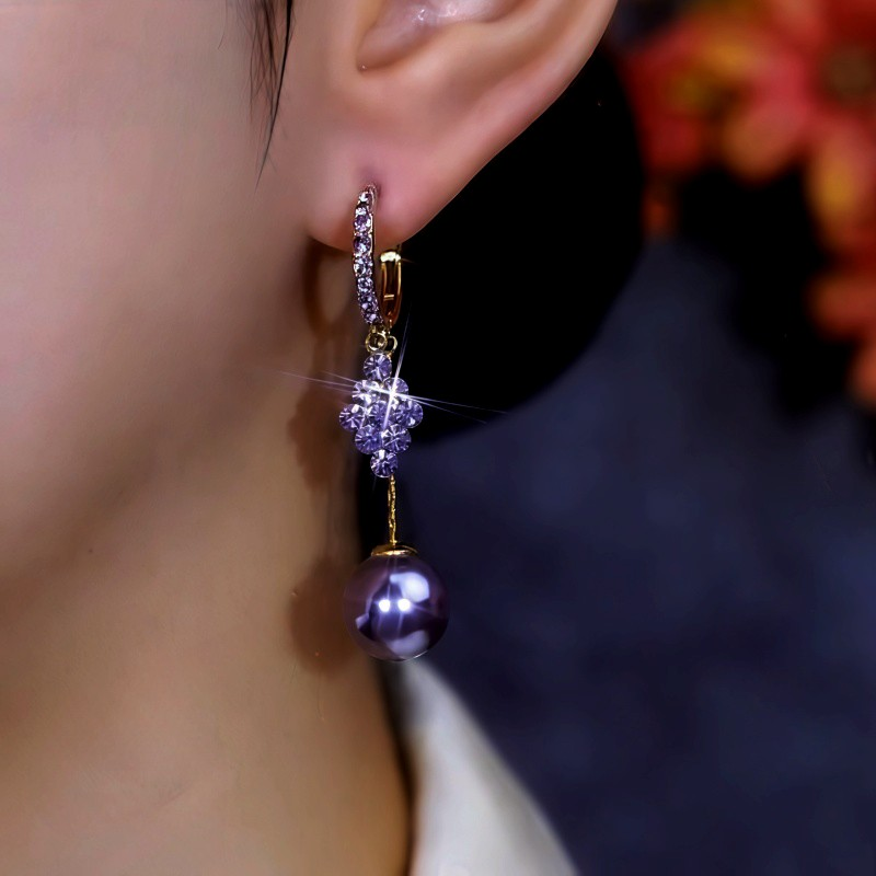 14K Gold-Plated Double-Layer Purple Zircon Diamond Pearl Earrings