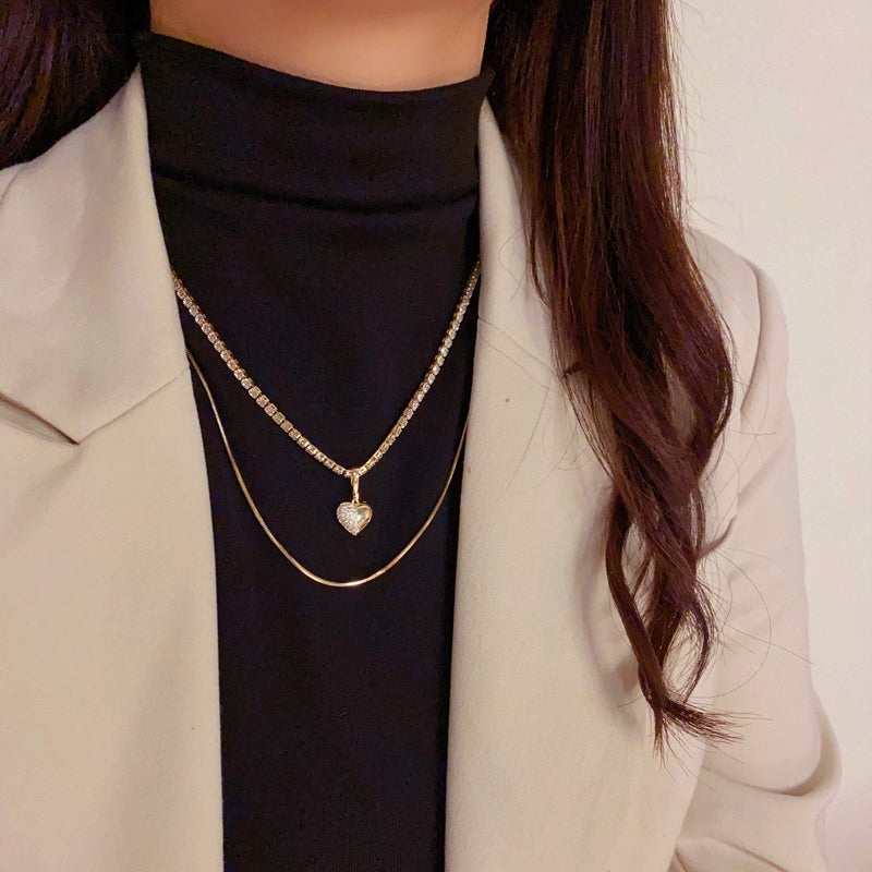 14K Gold-Plated Double-Layer Zircon Love Pendant Necklace