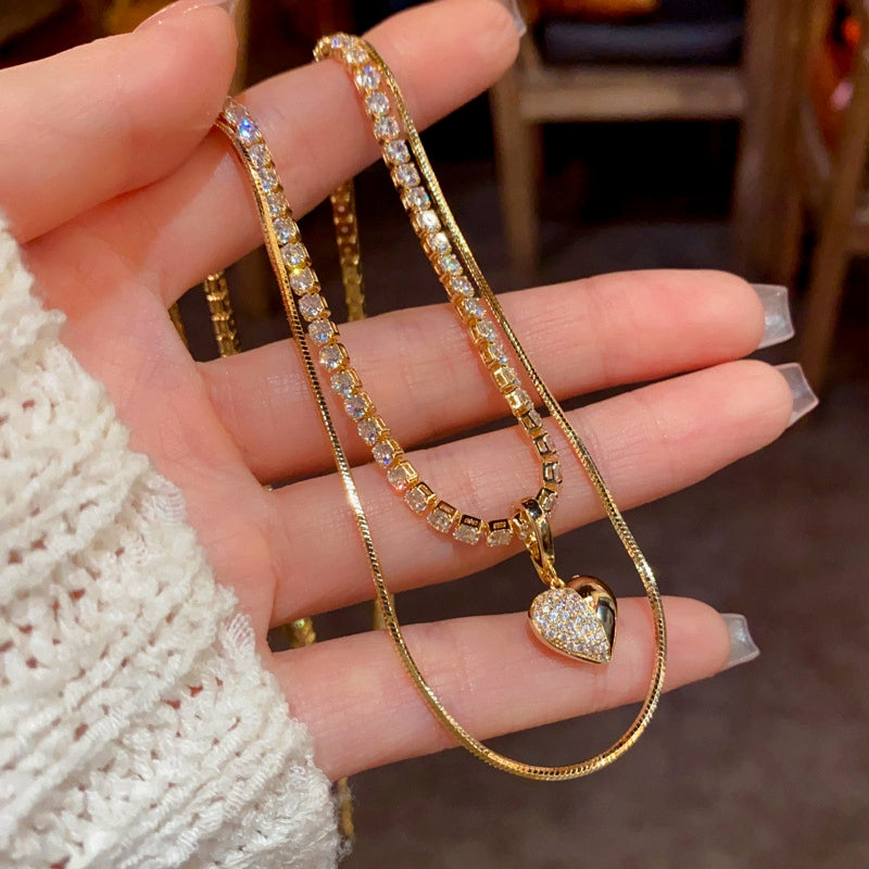 14K Gold-Plated Double-Layer Zircon Love Pendant Necklace
