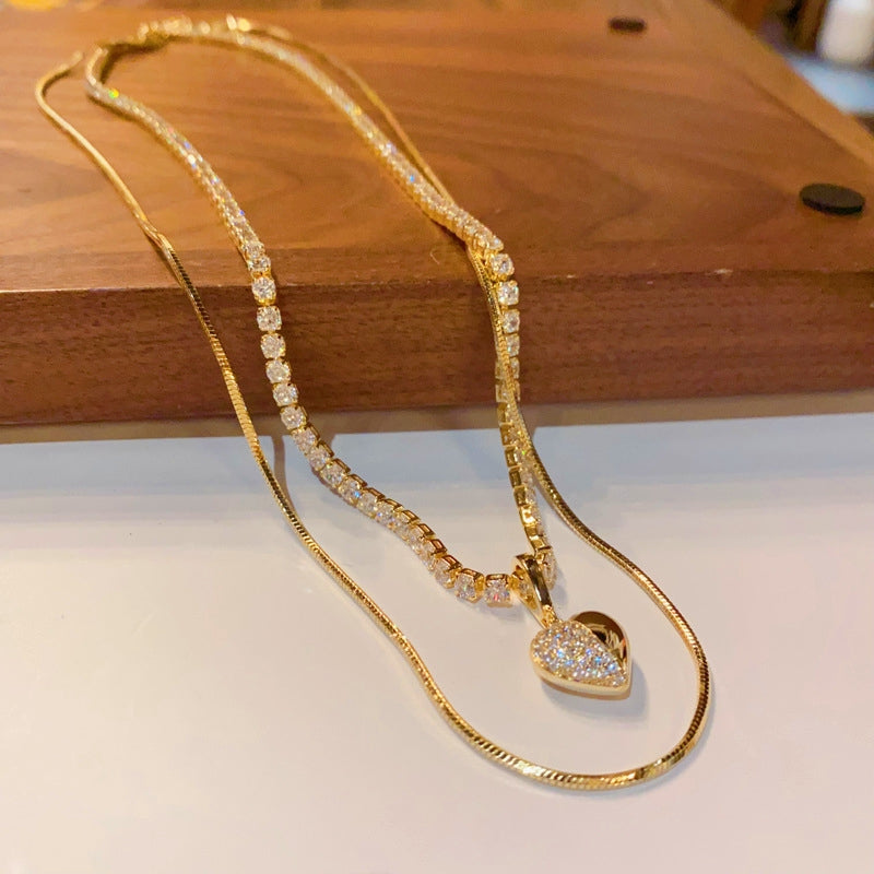 14K Gold-Plated Double-Layer Zircon Love Pendant Necklace