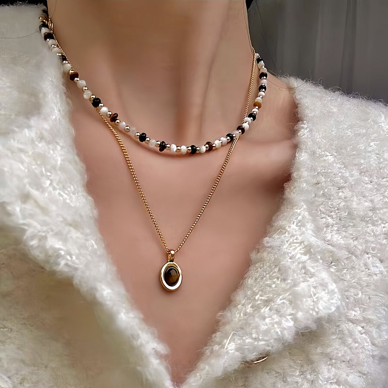 14K Gold-Plated Double-Layered Tiger Eye Stone Pendant Necklace