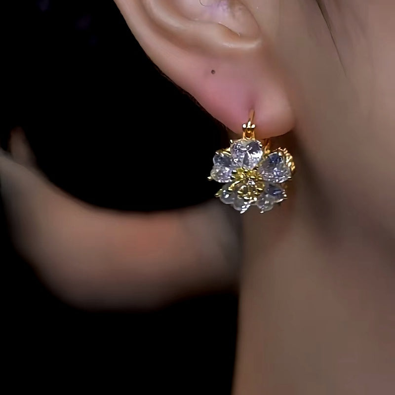 14K Gold-Plated Double-Sided Zircon Flower Earrings