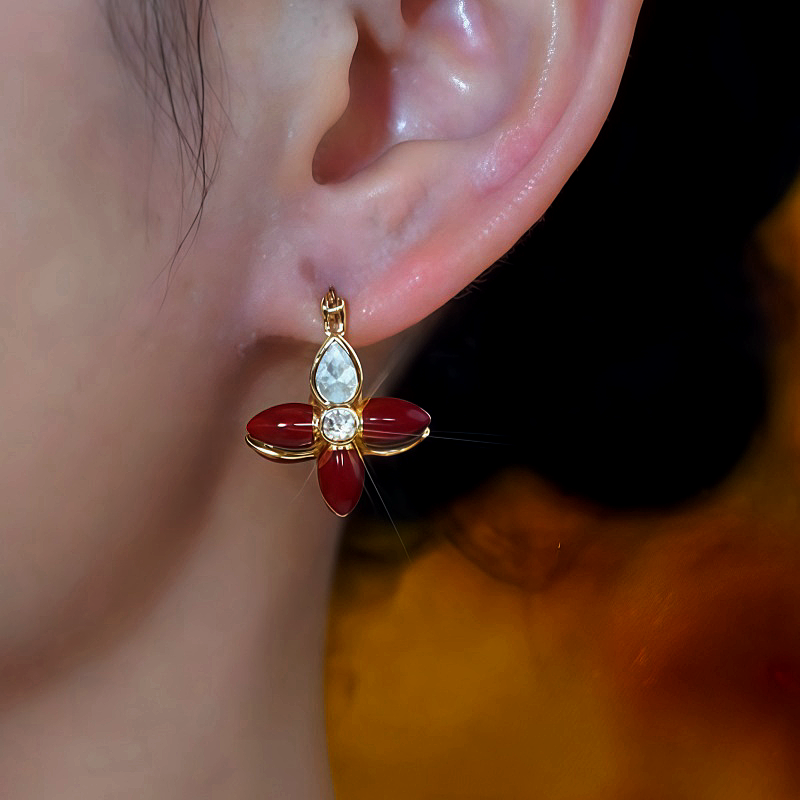 14K Gold-Plated Double-Sided Zircon Flower Earrings