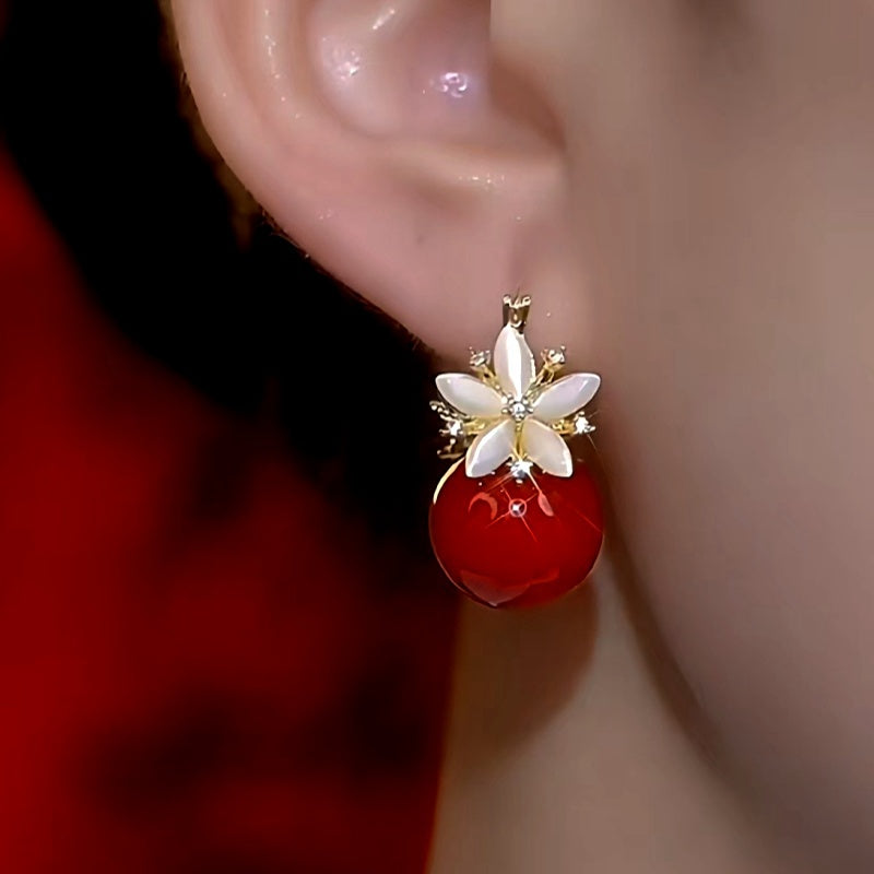 14K Gold-Plated Double-Sided Zircon Pearl Flower Earrings