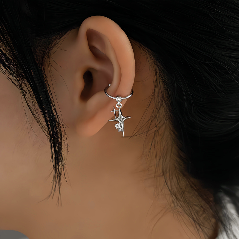 14K Gold-Plated Double Cross Star Diamond Ear Clips