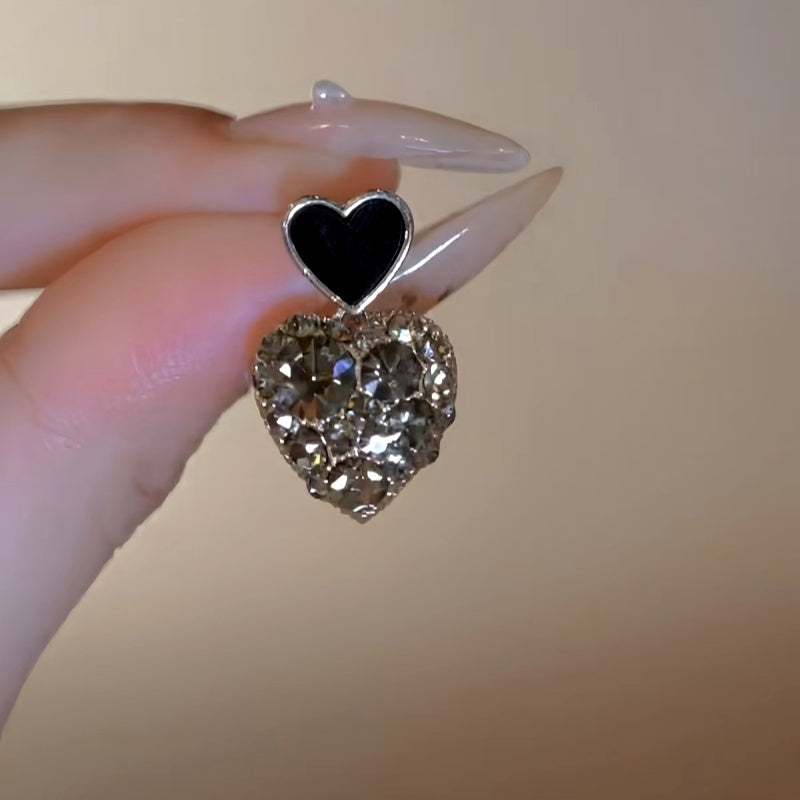 14K Gold-Plated Elegan Black Heart Rhinestone Earrings
