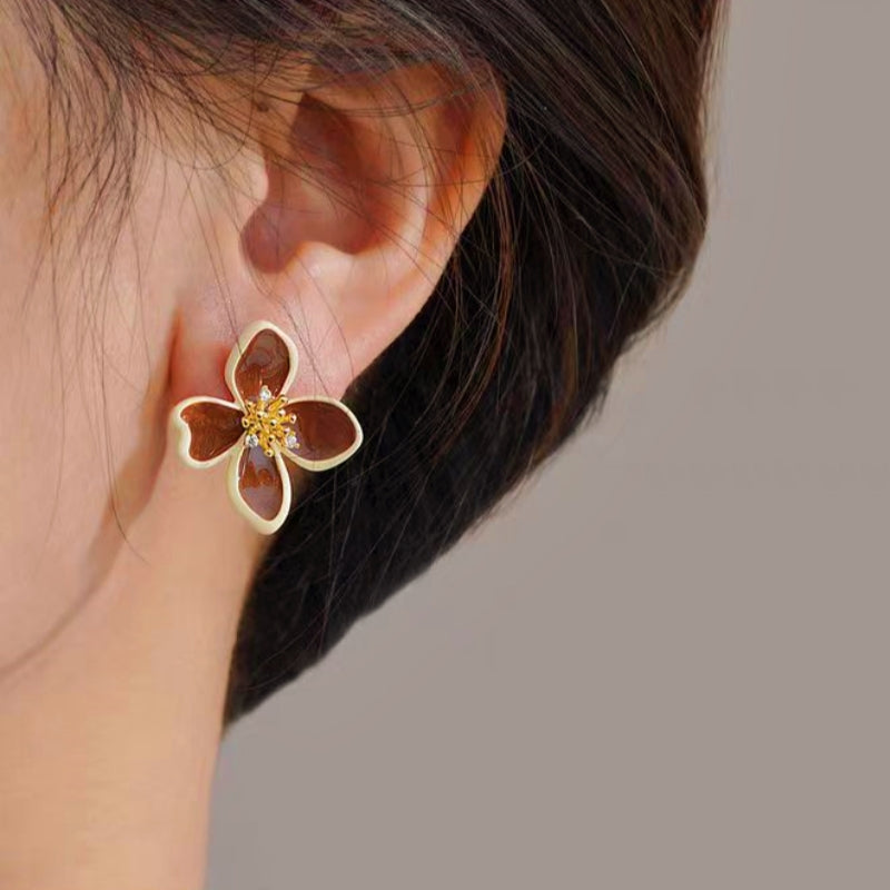 14K Gold-Plated Elegant Maillard Color Flower Stud Earrings
