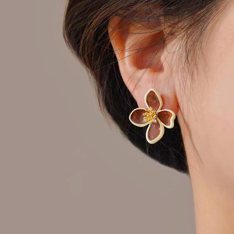 14K Gold-Plated Elegant Maillard Color Flower Stud Earrings