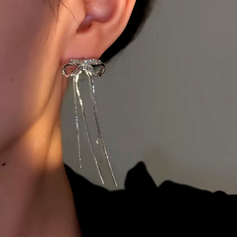 14K Gold-Plated Elegan Zircon Bow Tassel Earrings