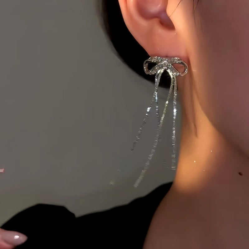 14K Gold-Plated Elegan Zircon Bow Tassel Earrings