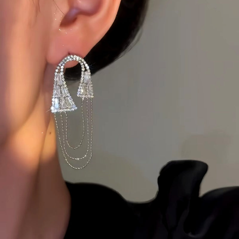 14K Gold-Plated Elegan Zircon Oval Chain Tassel Earrings
