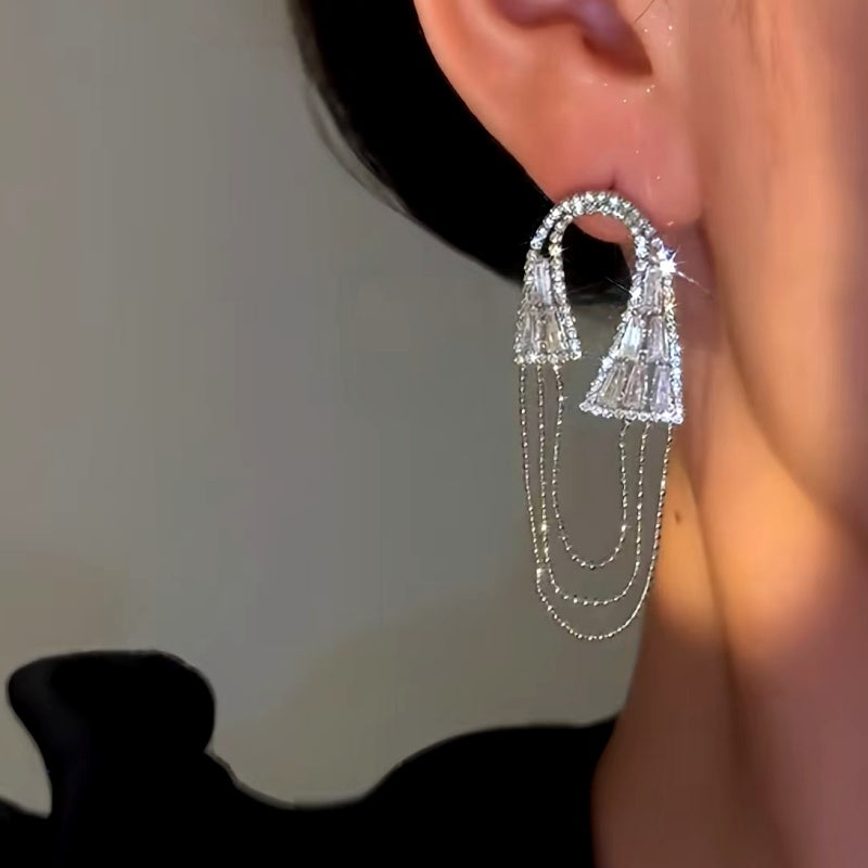 14K Gold-Plated Elegan Zircon Oval Chain Tassel Earrings