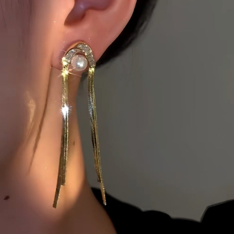 14K Gold-Plated Elegan Zircon Pearl Tassel Earrings