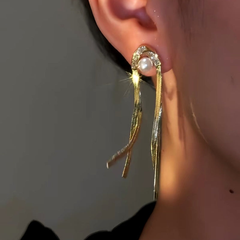 14K Gold-Plated Elegan Zircon Pearl Tassel Earrings