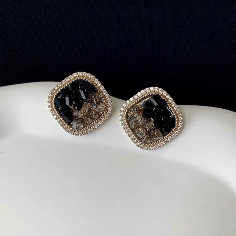 14K Gold-Plated Elegant Black Crystal Zircon Stud Earrings