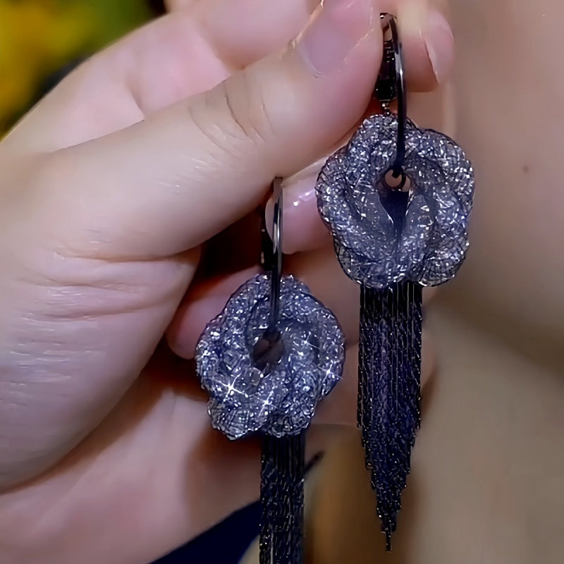 14K Gold-Plated Elegant Black Mesh Crystal Flower Earrings