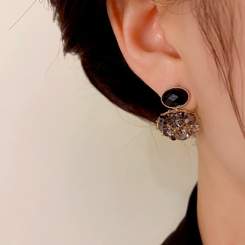 14K Gold-Plated Elegant Black Oval Full Diamond Earrings