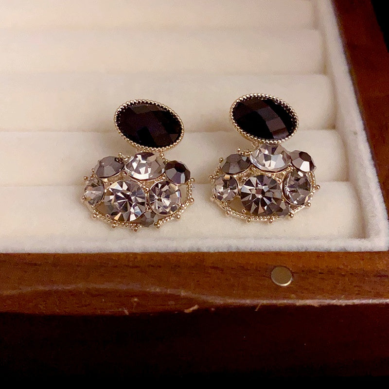 14K Gold-Plated Elegant Black Oval Full Diamond Earrings