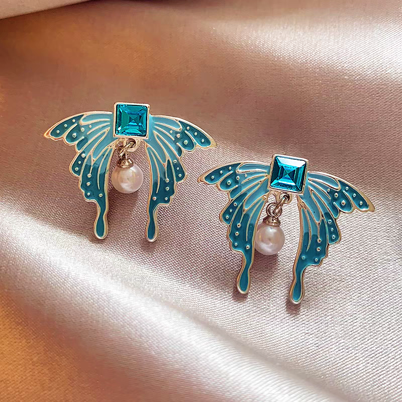 14K Gold-Plated Elegant Blue Butterfly Pearl Earrings