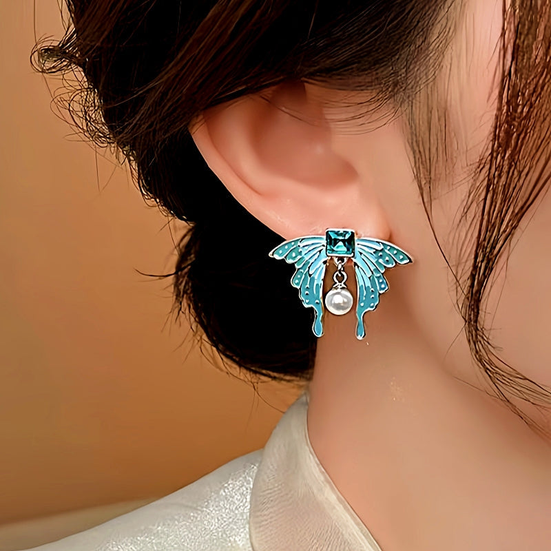 14K Gold-Plated Elegant Blue Butterfly Pearl Earrings