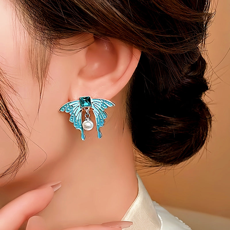 14K Gold-Plated Elegant Blue Butterfly Pearl Earrings