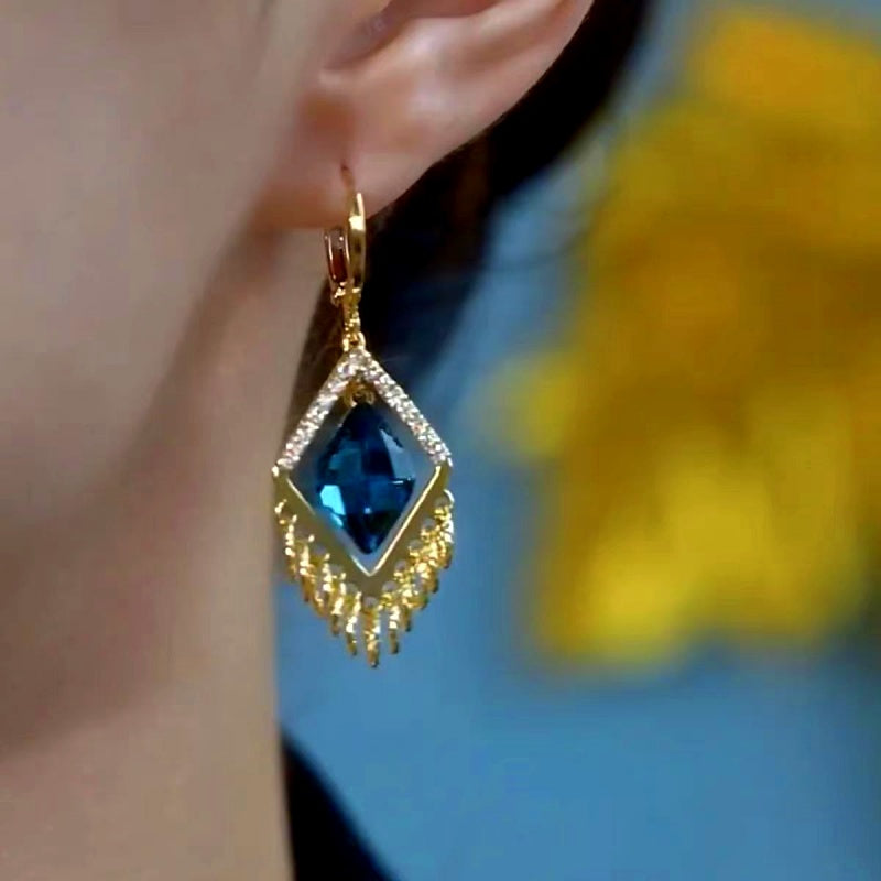 14K Gold-Plated Elegant Blue Geometric Diamond Crystal Earrings