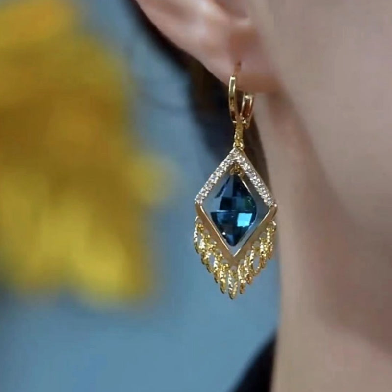 14K Gold-Plated Elegant Blue Geometric Diamond Crystal Earrings