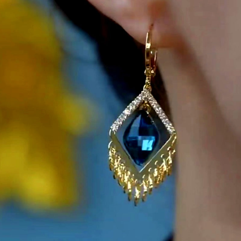 14K Gold-Plated Elegant Blue Geometric Diamond Crystal Earrings