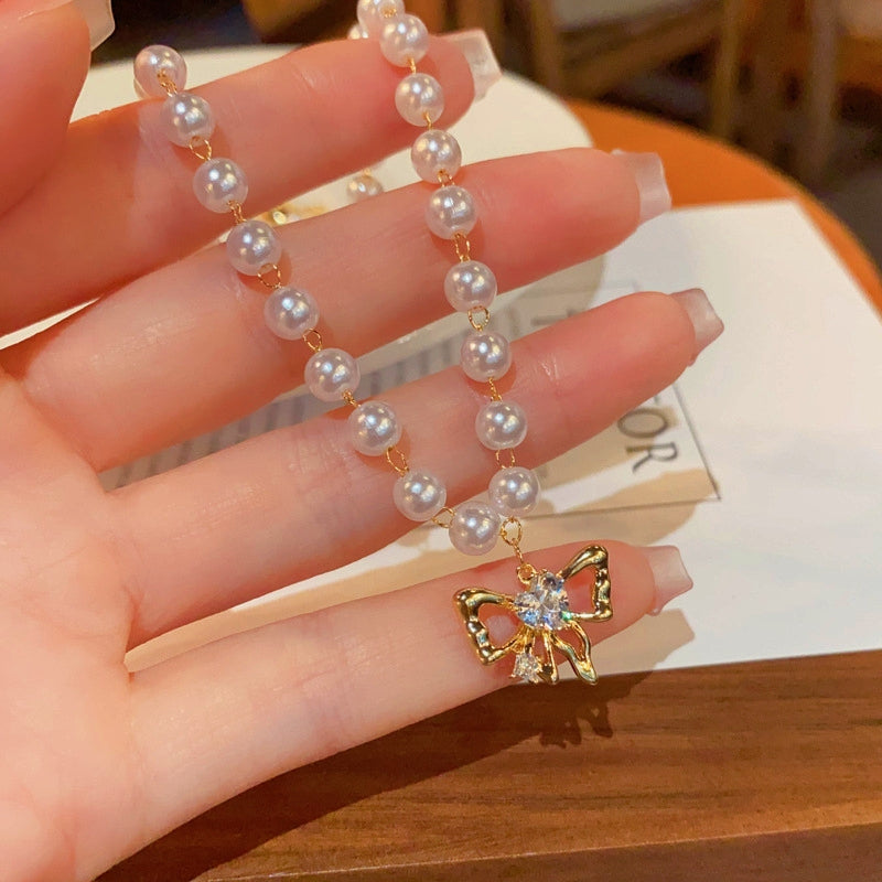 14K Gold-Plated Elegant Bow Pearl Necklaces