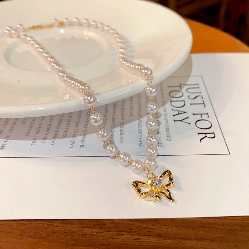 14K Gold-Plated Elegant Bow Pearl Necklaces