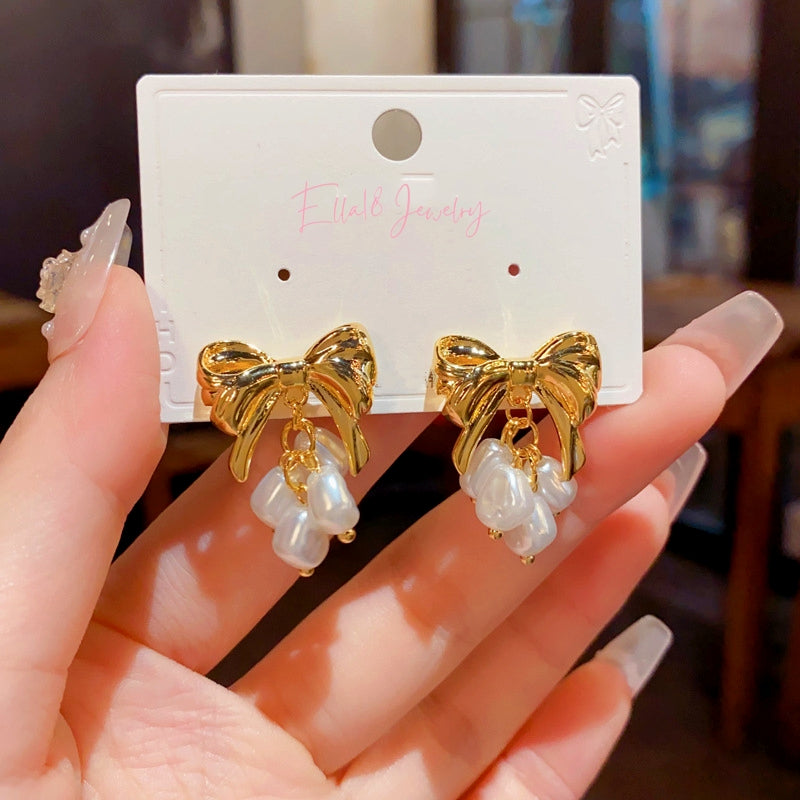 14K Gold-Plated Elegant Bow Pearl Tassel Earrings