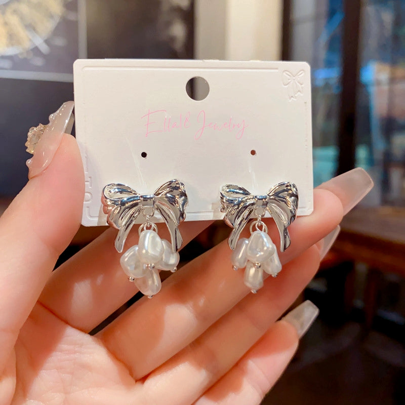 14K Gold-Plated Elegant Bow Pearl Tassel Earrings