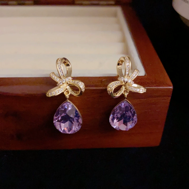 14K Gold-Plated Elegant Bow Purple Diamond Water Drop Earrings