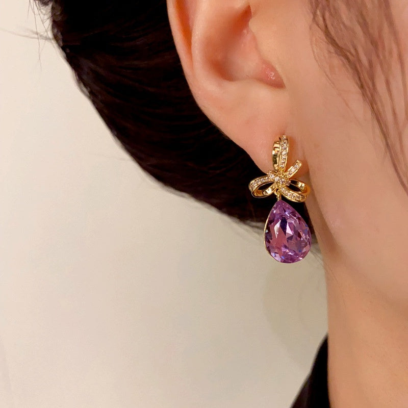 14K Gold-Plated Elegant Bow Purple Diamond Water Drop Earrings