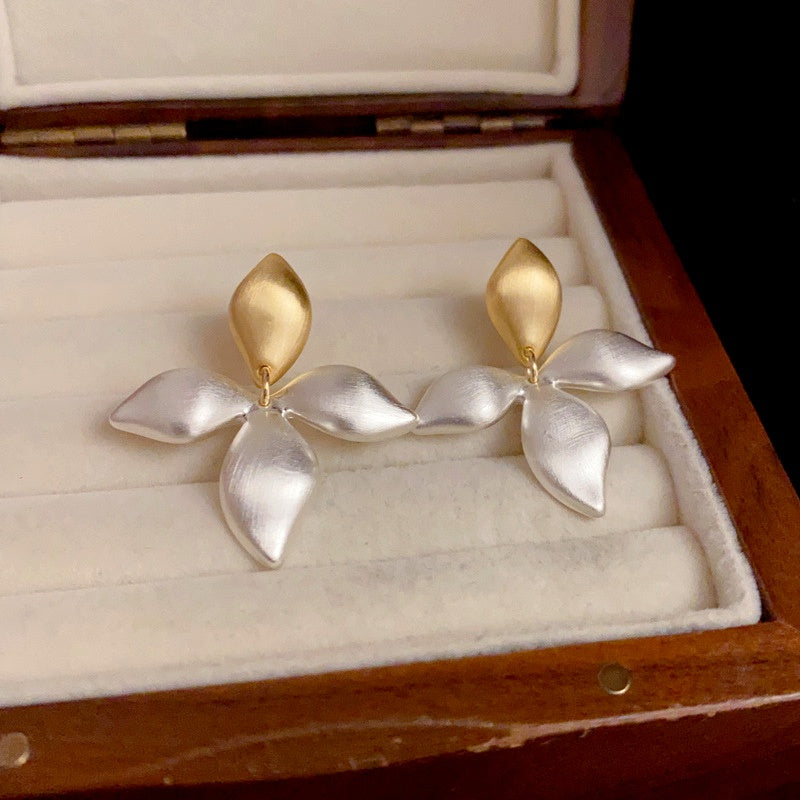 14K Gold-Plated Elegant Brushed Gold And Silver Contrast Leaf Earrings