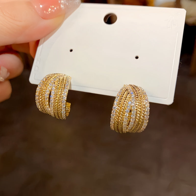 14K Gold-Plated Elegant C-Shaped Diamond Earrings