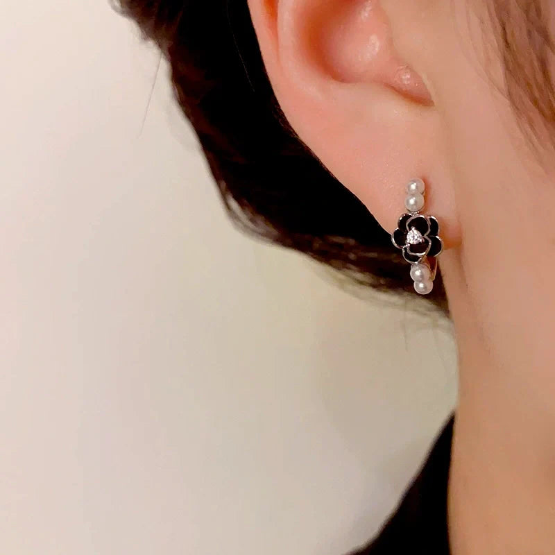 14K Gold-Plated Elegant Camellia Pearl Hoop Earrings