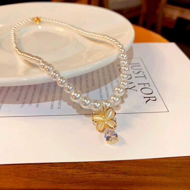 14K Gold-Plated Elegant Cat's Eye Butterfly Pearl Necklaces